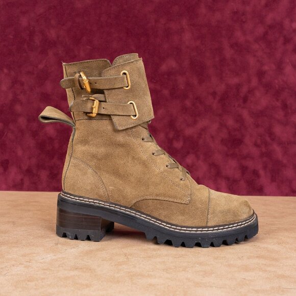 See by Chloe Wmn Mallory Military Green Suede Lace-up Moto Biker Boots 8US EUR38 - Picture 4 of 8